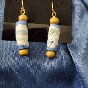 Hand Crafted Blue, Cream and Tan Bead Drop Earrings